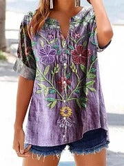 Women's Vintage Ethnic Floral Art Print Casual Cotton Linen Shirt