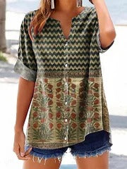 Women's Vintage Bohemian Floral Art Print Casual Cotton Linen Shirt