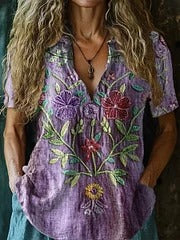 Women's Vintage Ethnic Floral Art Print Casual Cotton Linen Shirt