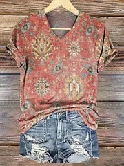 Women's Retro Ethnic Totem Pattern Casual Linen V-neck Shirt