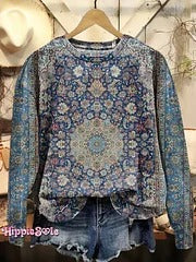 Women's Vintage Ethnic Floral Art Print Casual V-neck Long Sleeve T-shirt