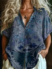 Women's Vintage Ethnic Floral Art Print Casual Cotton And Linen Shirt