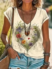 Women's Floral Heart Art V-Neck Casual T-Shirt