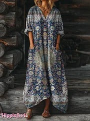 Women's Vintage Ethnic Floral Art Print Casual V-neck Long Sleeve T-shirt