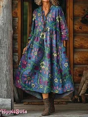 Womens Bohemian Ethnic Floral Art Print Casual Cotton Linen Shirt