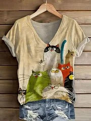 Women's Cute Cat Art Print Casual Crew Neck Sweatshirt