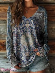 Women's Vintage Ethnic Floral Art Print Casual V-neck Long Sleeve T-shirt