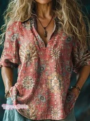 Women's Retro Ethnic Totem Pattern Casual Linen V-neck Shirt