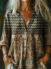 Women's Vintage Bohemian Floral Art Print Casual Cotton Linen Shirt