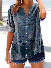 Women's Vintage Ethnic Floral Art Print Casual Cotton And Linen Shirt
