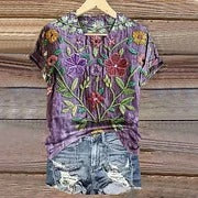 Women's Vintage Ethnic Floral Art Print Casual Cotton Linen Shirt