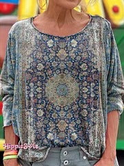 Women's Vintage Ethnic Floral Art Print Casual V-neck Long Sleeve T-shirt