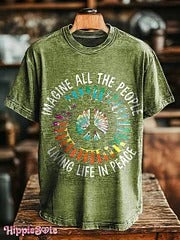 Unisex Hippie Imagine All The People Living Life in Peace Print Casual Loose Short Sleeve T-Shirt