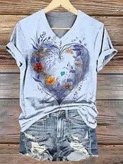 Women's Floral Heart Art V-Neck Casual T-Shirt