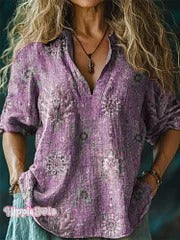 Women's Retro Ethnic Totem Pattern Casual Linen V-neck Shirt