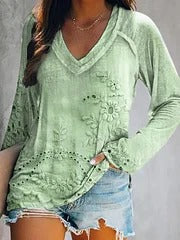 Women's Vintage Floral Texture Art Print V Neck Long Sleeve Tops