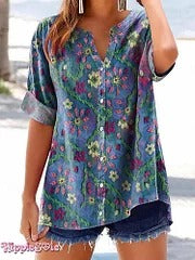 Womens Bohemian Ethnic Floral Art Print Casual Cotton Linen Shirt