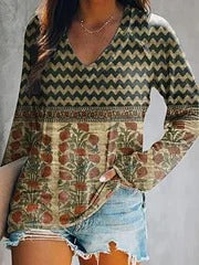 Women's Vintage Bohemian Floral Art Print Casual Cotton Linen Shirt