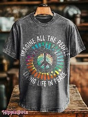Unisex Hippie Imagine All The People Living Life in Peace Print Casual Loose Short Sleeve T-Shirt