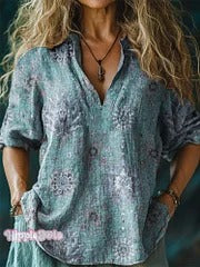 Women's Retro Ethnic Totem Pattern Casual Linen V-neck Shirt