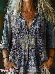 Women's Vintage Ethnic Floral Art Print Casual V-neck Long Sleeve T-shirt