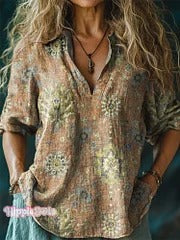 Women's Retro Ethnic Totem Pattern Casual Linen V-neck Shirt