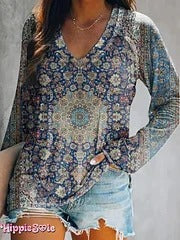 Women's Vintage Ethnic Floral Art Print Casual V-neck Long Sleeve T-shirt