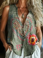 Women's Vintage Bohemian Floral Art Print Casual V Neck Long Sleeve Tops