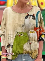 Women's Cute Cat Art Print Casual Crew Neck Sweatshirt