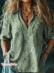Women's Retro Ethnic Totem Pattern Casual Linen V-neck Shirt