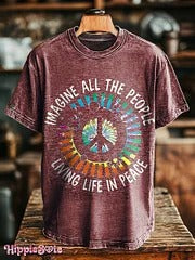 Unisex Hippie Imagine All The People Living Life in Peace Print Casual Loose Short Sleeve T-Shirt